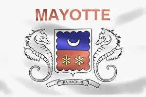 Prints of Close up of the flag of Mayotte, a French overseas department and region, featuring two seahorses and a crescent moon Seahorse Prints: Close-up Print of Mayotte's Flag Featuring Two Seahorses