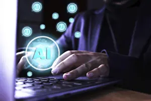 Digital Technology Prints: Close up of a man using a computer with artificial intelligence icons