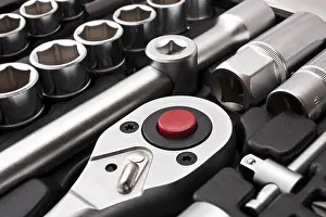 Factory Plant Equipment Prints: Close up shot of kit of metallic tools as background