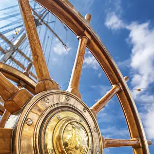 Deserted Harbor Scene Prints: close up of an steering wheel