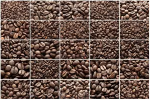 Close Up Coffee Beans Prints: Close-up of brown coffee beans, background texture