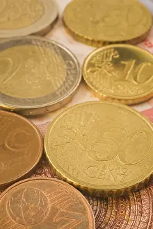 Euro Cent Coins Prints: Close-up of gold and copper colored assorted five