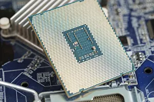 Digital Technology Prints: Close-up shot of motherboard with microprocessor
