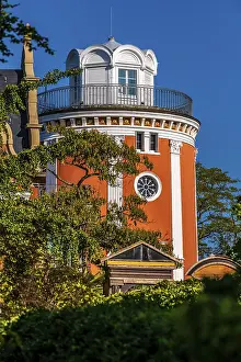 Abandoned Water Tower Germany Prints: Close-up of the upper part of the red observation tower with windows and clock