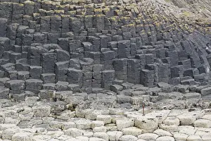 Scottish Coastline Prints: Close-up view of hexagonal basalt columns and rocks on the coast