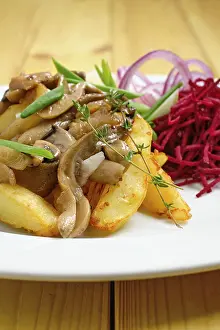 Organic Beetroot Cultivation Prints: Close up view of fried potato, beetroot