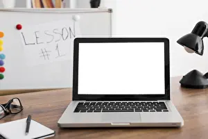 Modern Architecture Office Prints: Close up workplace with laptop