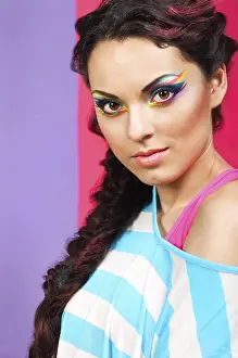 Beautiful Brunette Model Prints: Closeup portrait of a beautiful model with creative dynamic multicolor make up