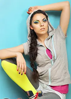 Studio Shot Beauty Prints: Closeup portrait of a beautiful model with creative dynamic multicolor make up