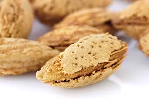 Plain Colored Background Nuts Prints: Closeup view of roasted almonds in shell