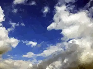 Cloudy Weather Forecast Prints: Clouds over a blue sky painted background