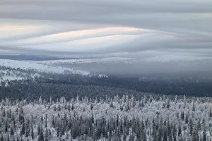Cloudy Sky Over Mountains Prints: Clouds over forested mountain ranges