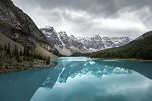 Moraine Lake Reflections Prints: Clouds hanging between mountain peaks