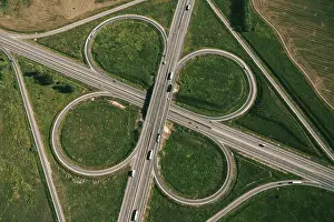 Aerial View Of Highway Intersection Prints: Clover or daisy type of road junction