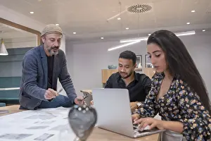 Business Teamwork Prints: Co-workers using laptop while working together in a new project