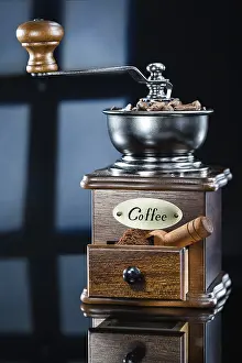 Prints of Coffee mill with beans on abstract background Hipposideridae Prints: Coffee Mill Print with Abstract Background
