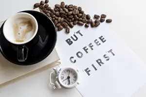 Hot Beverage Design Prints: Coffee first quote with clock