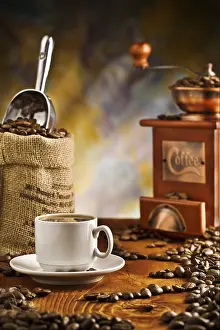 Dark Table Setting Prints: Coffee items on table