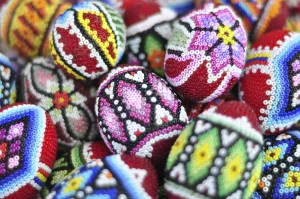Easter Traditions And Customs Prints: Collection of many colourful handmade easter eggs background