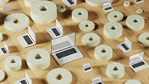 Digital Innovation Hub Prints: A collection of laptops placed among abstract geometric forms
