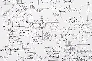Monochrome Photography Prints: A collection of mathematical equations on a wall