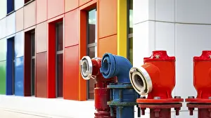 Deserted Fire Scene Prints: Colored hydrants with colored building in background