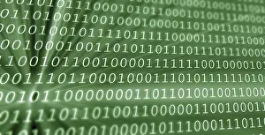 Cyber Crime Protection Prints: Colorful digital binary data digits and streaming binary code background with light beams