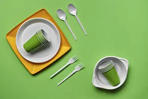 Fast Food Restaurant Supplies Prints: Colorful plastic disposable tableware