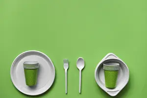 Fast Food Restaurant Supplies Prints: Colorful plastic disposable tableware
