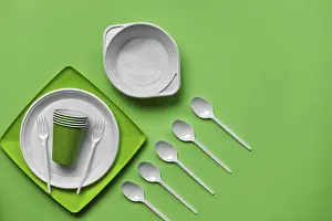 Fast Food Restaurant Supplies Prints: Colorful plastic disposable tableware