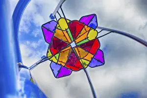 Multicoloured Patterns Prints: Colorful playground structure elements with sky