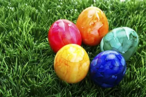 Painted Easter Eggs Prints: Coloured easter eggs on grass