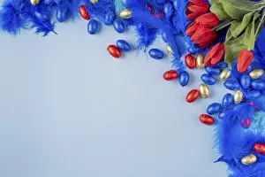 Ornate Flower Arrangement Prints: Colourful composition with blue feathers
