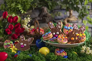 Easter Biscuits Prints: Colourful Easter biscuits with a bouquet of tulips and Easter eggs