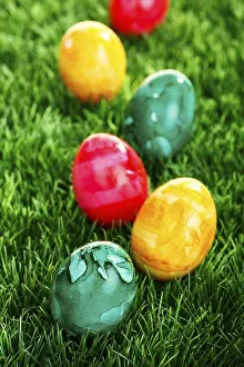 Traditional Easter Traditions Prints: Colourful Easter eggs on a lawn