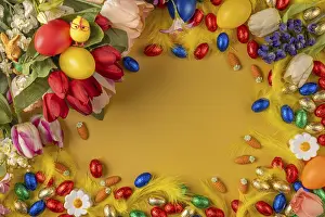 Easter Decorations Prints: Colourful Easter frame with spring flowers