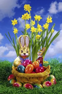 Easter Bunny Prints: A colourful nest at Easter, chocolate Easter bunny