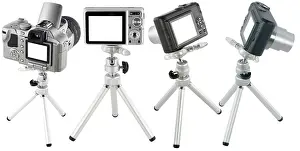 White Background Studio Photography Prints: Compact digital cameras on mini tripod set
