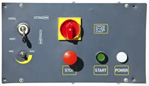 Passenger Transport System Prints: Complex machine control panel with red buttons and signs
