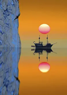 Uninhabited Rocky Shoreline Photo Prints: Composing: ship with sun