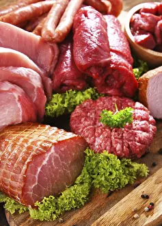 Deserted Butcher Shop Prints: Composition with assorted meat products