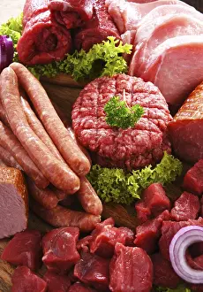 High Calorie Meals Prints: Composition with assorted meat products
