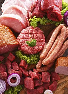 High Calorie Food Options Prints: Composition with assorted meat products