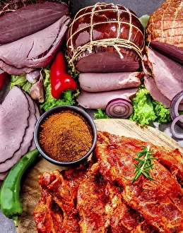 Diverse Meat Types Prints: Composition with assorted meat products including ham
