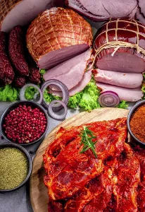 Meat Dish Photography Prints: Composition with assorted meat products including ham