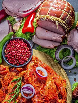 Meat Dish Photography Prints: Composition with assorted meat products including ham