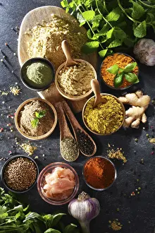 Balanced Diet Foods Prints: Composition with assortment of spices and herbs