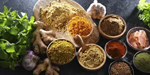 Balanced Diet Ingredients Prints: Composition with assortment of spices and herbs