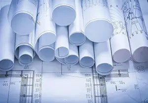 Blueprint Rolls Prints: Composition of blueprint rolls construction concept