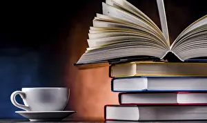 University College Scene Prints: A composition with books and a cup of coffee